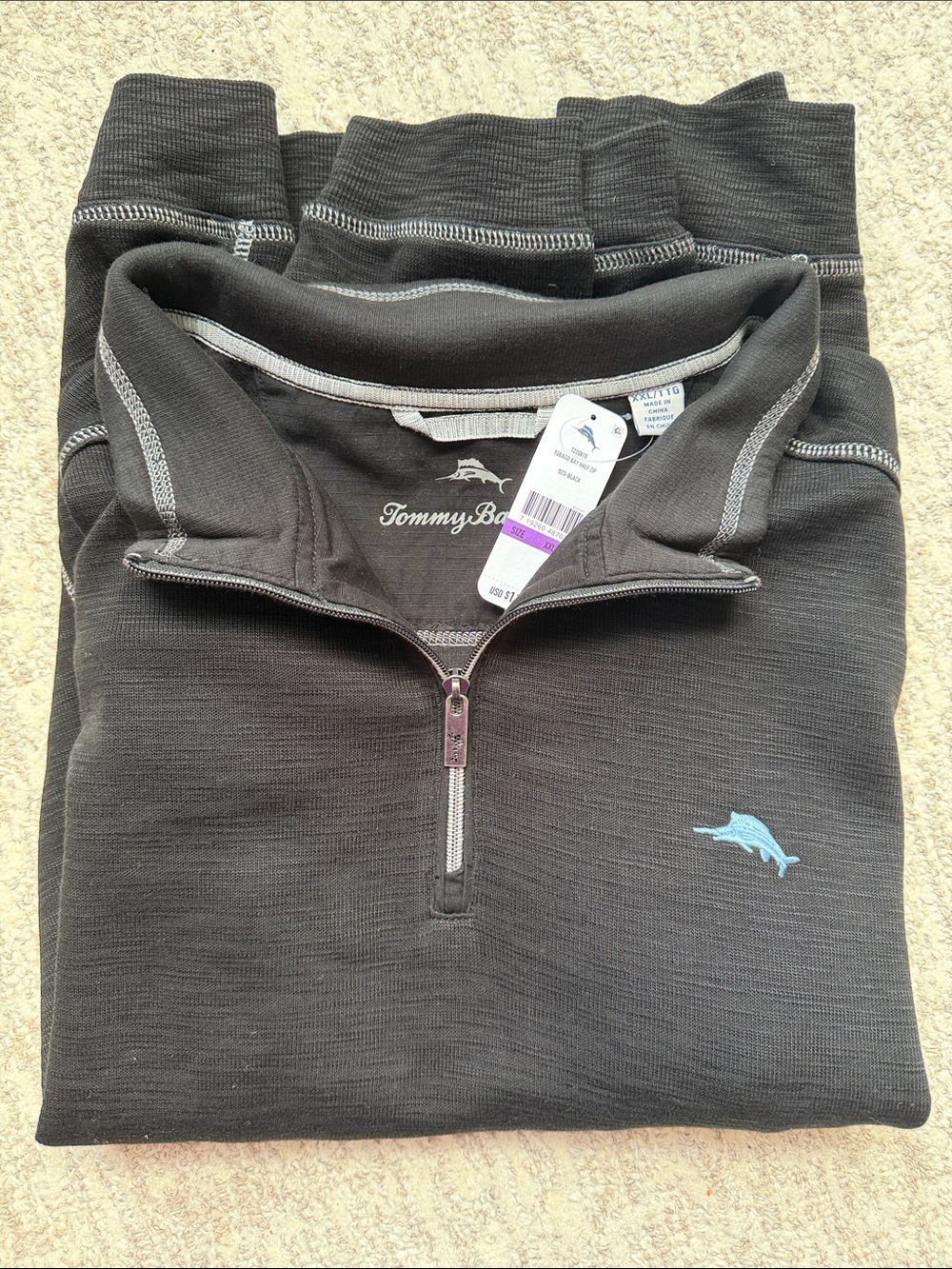 Tommy Bahama Black Tobago Bay Quarter-Zip Pullover with Light Blue Marlin Logo